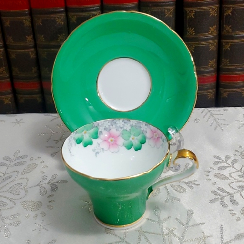 Vintage Aynsley Demitasse Teacup & Saucer Corset Style Green & Pink